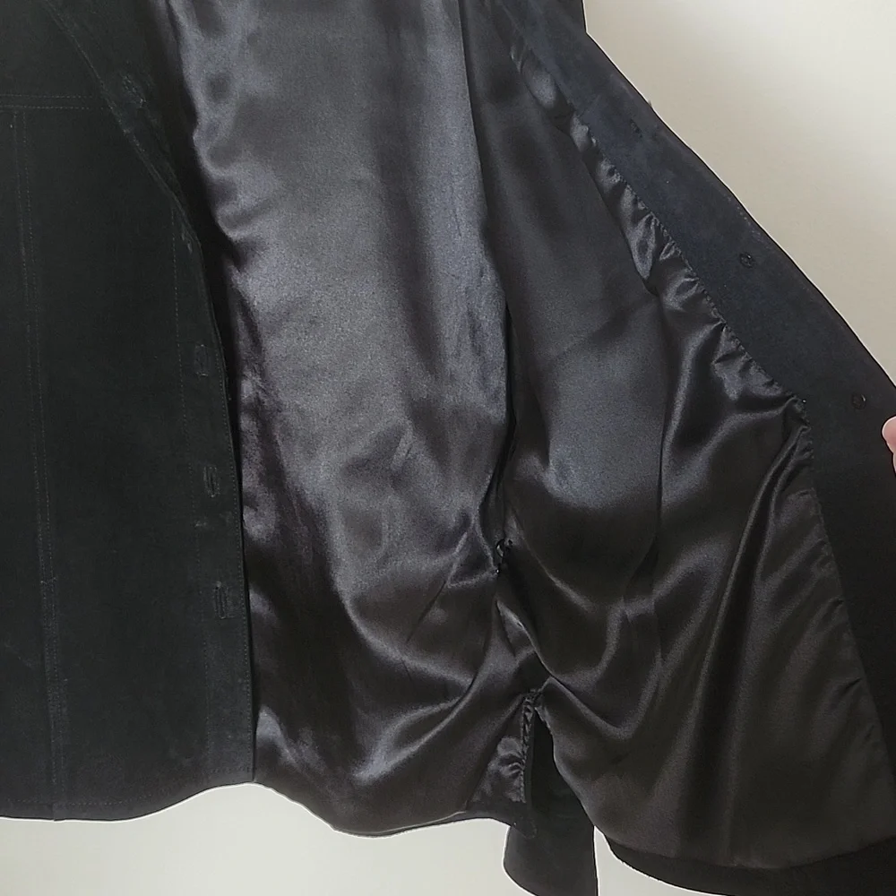 Vintage AMI black genuine leather button up jacket, satin lined, women's large